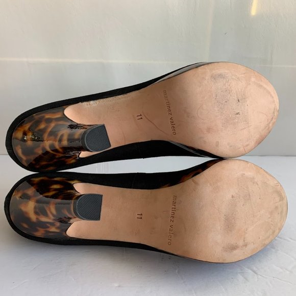 Martinez Valero Black Suede Leopard Print Platform Peep Toe Heels - Sz. 11m - Picture 6 of 7